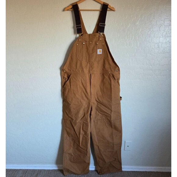 Carhartt Canvas Duck Bib Work Overalls Double Knee Size Mens 42x32 R01 BRN Brown - Picture 1 of 11
